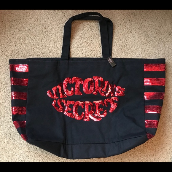 Victoria’s Secret Bling Weekender Tote Bag Duffle Gym Bag Black Red Sequins New